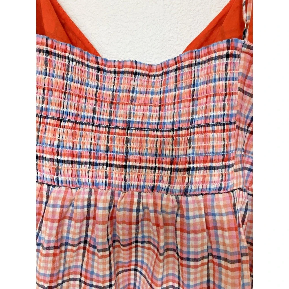 Loft Womens Babydoll Top Size L Seersucker Plaid Smocked Preppy Cottage‎ Retro
